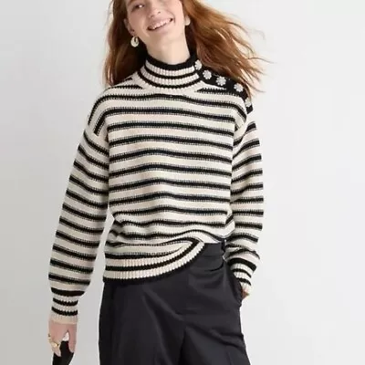 J. Crew $128 Cable-knit Mockneck Pullover In Stripe With Jewel Buttons Size S • $29.99