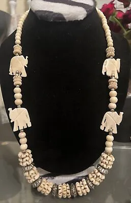 Vintage Elephant Bone Beaded Necklace Silver  Tone Tribal Animal Safari 25” • $31.95