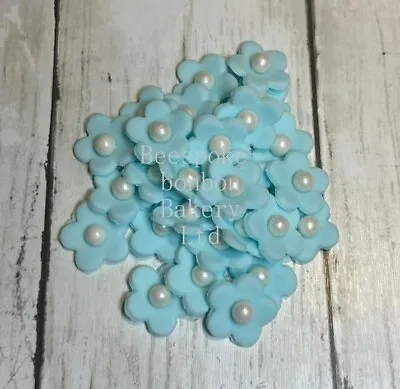 60 Baby Blue Daisy Edible Fondant Sugar Cake Wedding Baby Cupcakes Toppers • £6.50