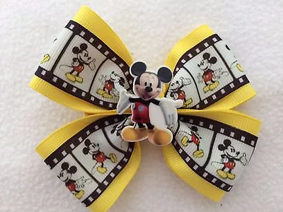 Girls Hair Bow 4  Wide Mickey Mouse Ribbon Yellow Flatback French Barrette • $6.99