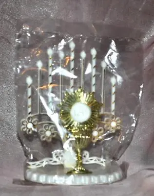 1960'S VTG CHRISTIAN CATHOLIC CAKE TOPPER PLASTIC ALTAR CANDELABRA W CHALICE Ihs • $15.60