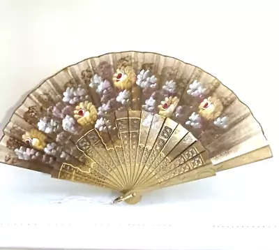 Vintage Fan With Hand Painted Cherry Blossoms Blues Yellows 15  Span      (b1a) • $9.95