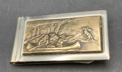 Vintage Men's Money Clip High Relief Moose Deer Hunting Canoe Western Indian • $35