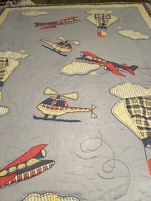 Vintage Hand Quilted Hot Air Balloon Planes Helicopters Clouds Quilt 62x82  #908 • $22.95