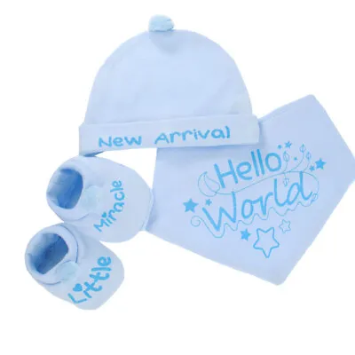 Newborn Baby Hello World New Arrival Bandana Bib Hat & Bootees Gift Set Blue Boy • £6.99