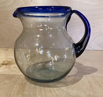 Mexican Hand Blown Glass Water Pitcher Cobalt Blue 7” 64oz Bubble Galss • $40