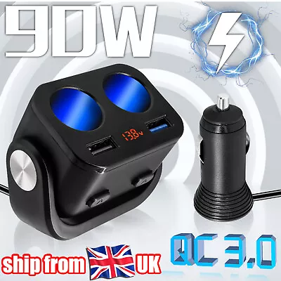 Car Cigarette Lighter Extension Cord Cable Socket Splitter 12V Dual USB Charger • £10.99