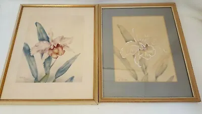 Vintage Hawaiian Flower Airbrush Paintings Tip Freeman Signed Framed Lav Orchids • $129.95