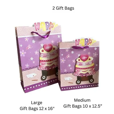 2 Gift Bags L & M Printed 3D Happy Birthday W Handle Cake Theme Pastel Color • £2.40