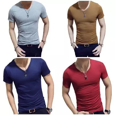 Men T Shirt Slim Fit Stretch Tee Gym Crew Neck Short Sleeve Bodybuilding Top • $11.95