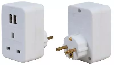 Travel Plug Adapter UK To EU With USB Sockets UK 3 Pin And 2 X USB Europe • £8.99