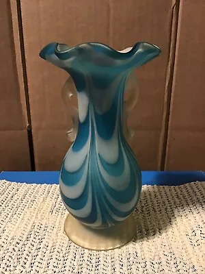 Vintage Blue & White Satin Nailsea Art Glass Drapery Vase W/ Loop Handles • £33.11