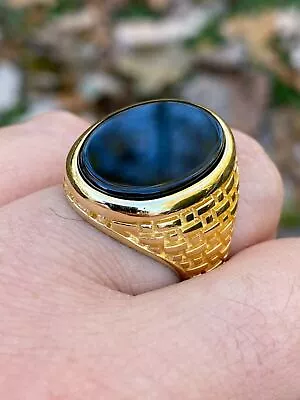 Solid 14k Gold Plated Real 925 Sterling Silver Black Onyx Stone Mens LARGE Ring • $66.04