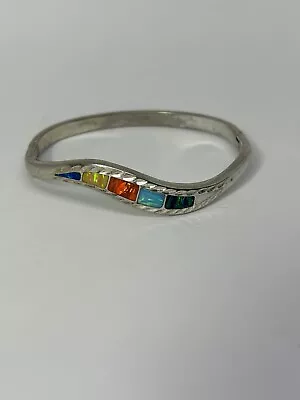 Vintage Sterling Silver Multi-Color Opal Inlay Wavy Hinged Bangle Bracelet 925 • $149.99