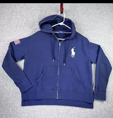 Polo Ralph Lauren Womens Full Zip Hoodie Sweatshirt Big Pony USA Flag XL Blue • $32.99