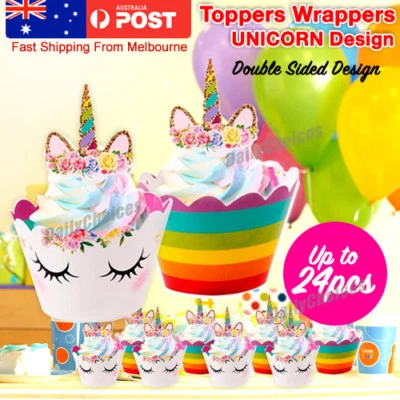 $5.35 • Buy 24Pcs Unicorn Cupcake Toppers Wrappers Birthday Party Cake Bunting Lolly AU