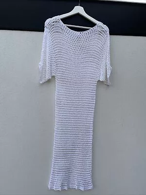 White Hand Crochet Dress Cover Up Summer Lacy Dress MIDI Size M 10/12 • £39