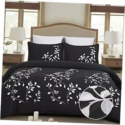 Embroidered Soft Brushed Microfiber Duvet Cover Set Queen Black And White • $49.17