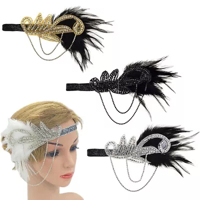 Flapper Headband Vintage Inlaid Rhinestone Gatsby Feather Hairband Fascinator • $10