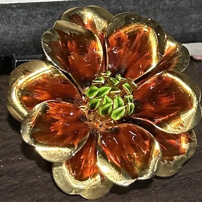 Vintage Hattie Carnegie Enamel Flower Brooch Pin Yellow Orange Green Beautiful • $75