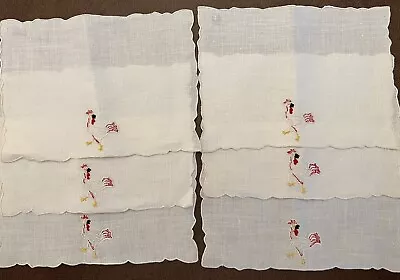 VTG MADEIRA HAND EMBROIDERED LINEN COCKTAIL NAPKINS W/WHITE ROOSTER LOT Of 6 • $27.95