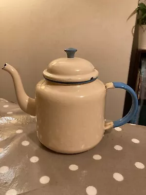 Vintage Retro Cream And Blue Enamel Metal Teapot Glider Brand 14cm / 2.5 Pint • £15