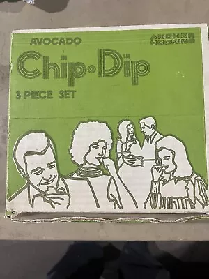 Vintage Anchor Hocking 3 Piece Chip And Dip Set Avocado Green Medallion 1974 • $50