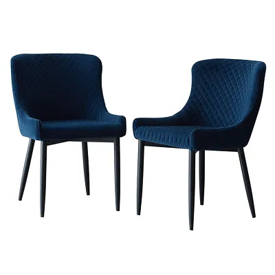 2pcs Dining Chair Velvet Soft Padded Diamond Backrest Metal Legs Armchair Blue • £119.99