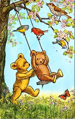 Molly Brett Postcard A Swing For Teddy Bears Birds Butterfly Flowers • $8