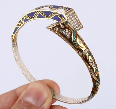 $46.25 • Buy Enamel Turkish Simulated Emerald .925 Silver & Bronze Bangle Bracelet #43567