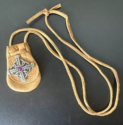 Native American Medicine Bag Necklace Leather Pouch With Silver Tone Pin • $25