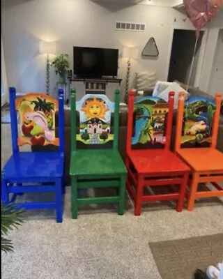 Mexican Carved And Painted Chairs Set Of 4 • $400