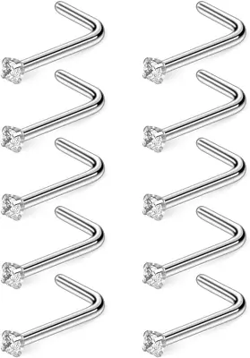 10-40PCS 20G Surgical Steel Diamond CZ Nose Stud Rings L Shaped Piercing Jewelry • $14.70