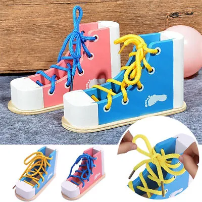 Wood Lacing Sneaker Learn To Tie Shoes Threading Montessori Educational Kid Toy • £11.11