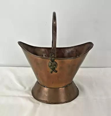 VINTAGE Scuttle Basket Bucket W LION HEADS Copper Metal W Handle • $49.95