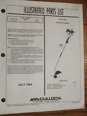 Used Mcculloch Titan 2000 String Trimmer Parts List July 1994 • $8.65