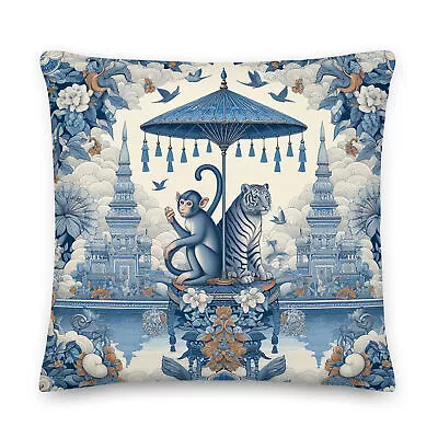Chinoiserie Tiger & Monkey Under Umbrella Premium Pillow • $39.99