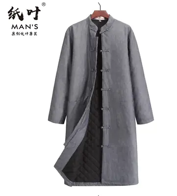 Chinese Style Long Cotton Jacket Men's Tang Attire Thickening Warm Ancient Solid • $58.64