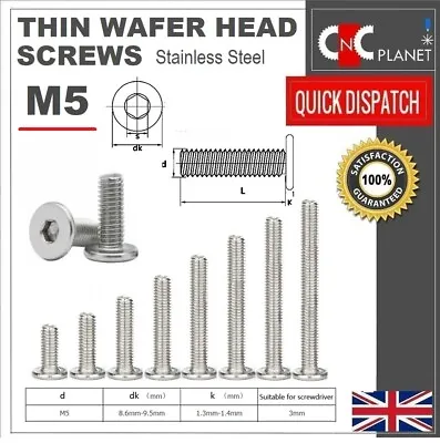 £2.95 • Buy M5 Ultra Thin Wafer Flat Head Low Profile Screws Bolt Allen Key Stainless Steel