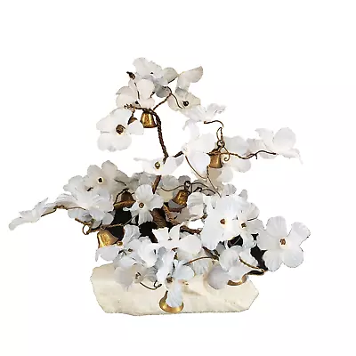 Vintage Bonsai Prosperity Tree Blue Blossom Flowers Brass Bells White Stone 7.5  • $29.99