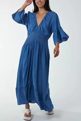 New Ladies Womens Denim Shirred Maxi Dress Summer Dress Long Dress Made In Italy • £39.99