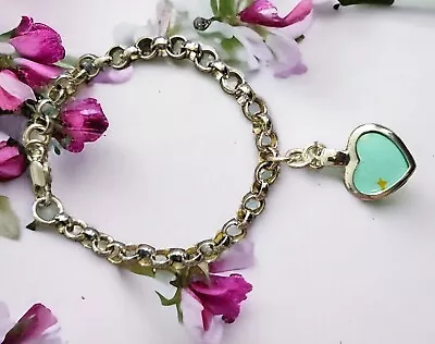 Vintage 925 Sterling Silver Rolo Link Bracelet Turquoise Heart Charm 7  • $35