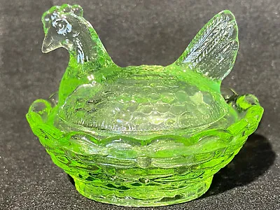 Green Vaseline Uranium Glass Mini Hen Chicken On Nest Basket Easter Eggs / Chick • $20.50