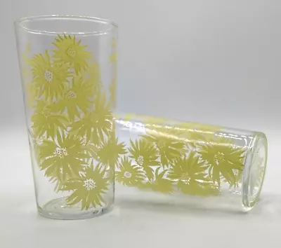 Vintage LibbeyYellow Dahlia Floral 12oz  Drinking Glasses Tumblers Set Of 2 • $13