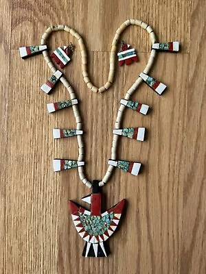 Vtg Santo Domingo Pueblo Thunderbird Necklace & Earrings Kewa Turquoise 22” • $425.57