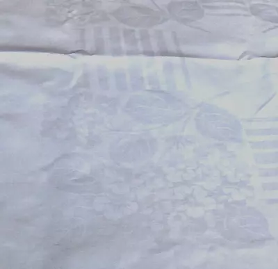 Vintage Damask Linen Tablecloth 84x56  Hydrangea Flowers Stripes Hem Stitched • $45