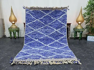 Beni Ourain Moroccan Handmade Rug 4'x5'8  Geometric Berber White Blue Wool Rug • $333