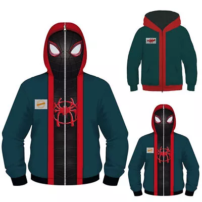Kids Spiderman Miles Morales Full Zip Hoodie Over Face Mask Boys Hoody Costume • $27.73