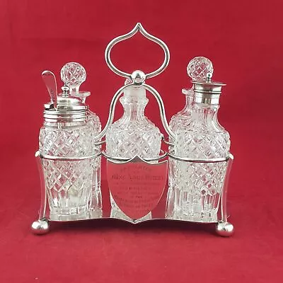 Antique 1894 Victorian Quality Cut Glass & Silver Plated Cruet Presentation Set • $251.33