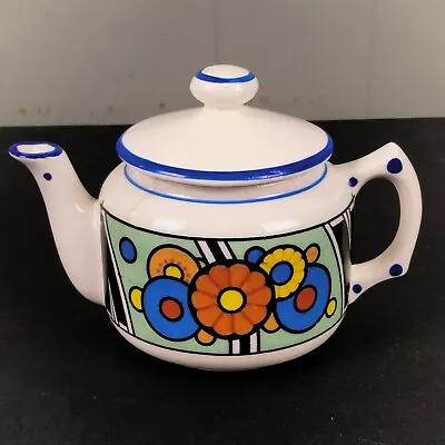 Vintage Czecho-Slovakia Miniature Tea Pot Art Deco Flowers #36 White Blue Round • $20